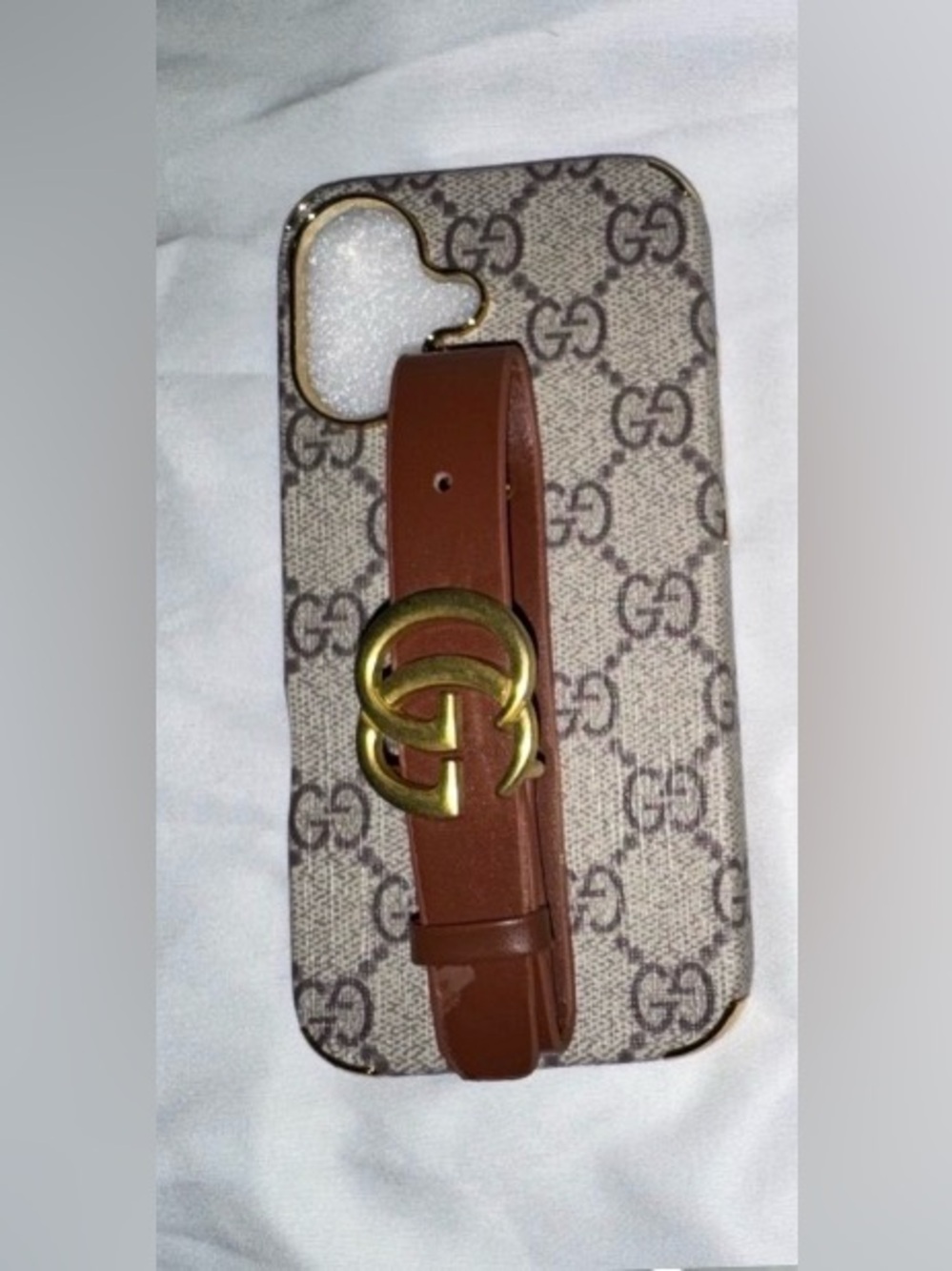 Beige Monogram Canvas Phone Case with Brown Leather Strap